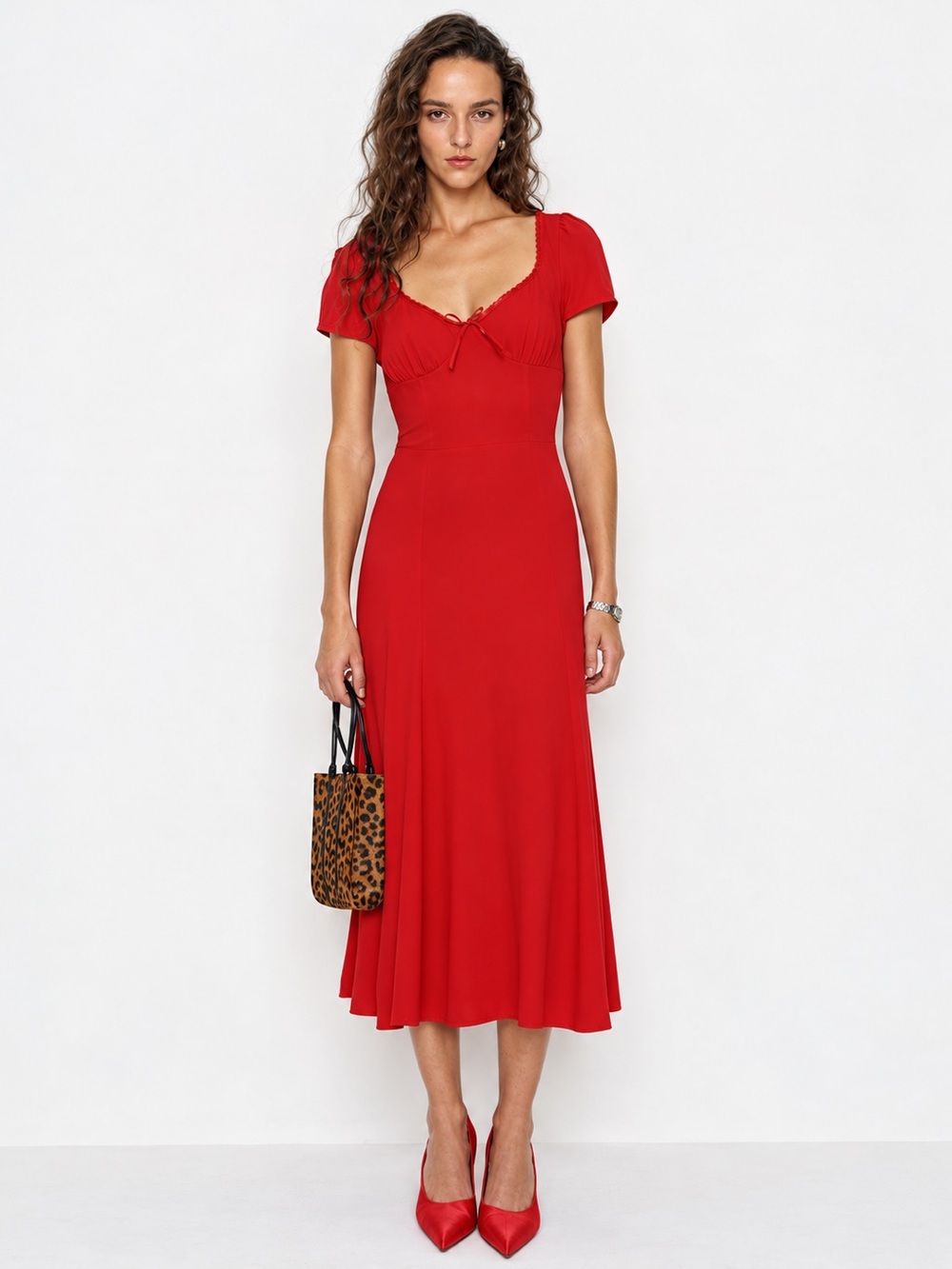NWT REFORMATION Afron Red Fit-and-Flare Midi Dress with Sweetheart Neckline
